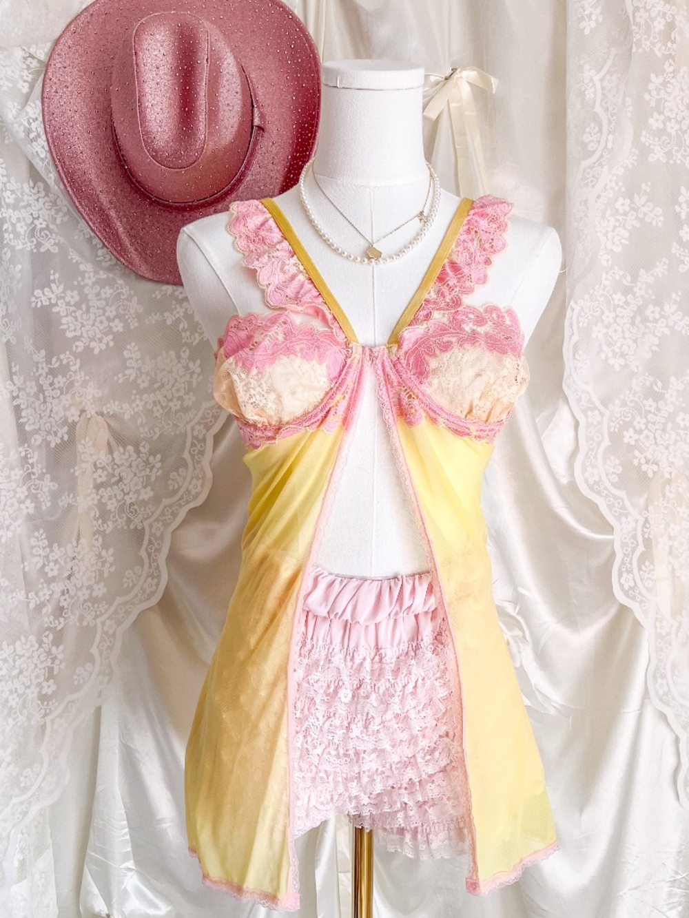 Pastel Yellow Pink Lace Babydoll Chemise Fairy Lingerie Teddy